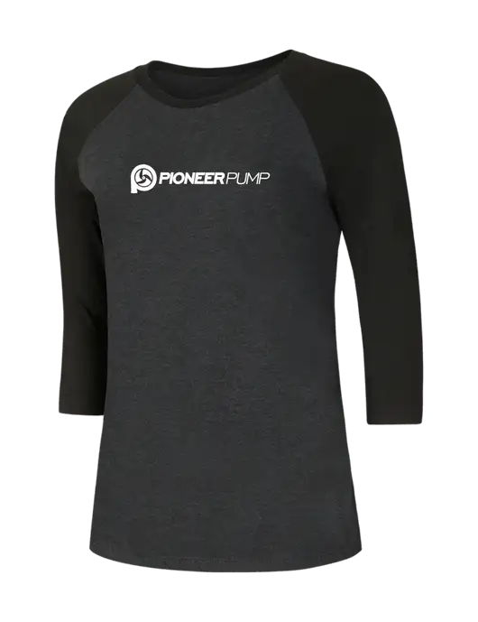 Womens Simply Soft 3/4 Sleeve Black/Black Frost Ring Spun Cotton T-Shirt w/Pioneer Pump Logo
