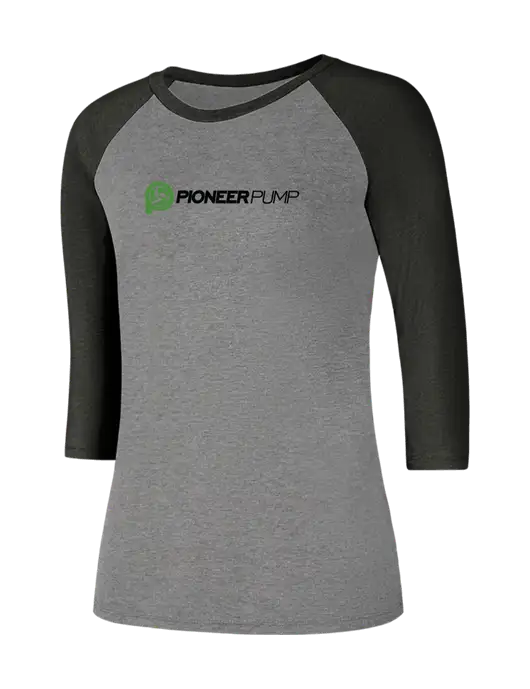 Womens Simply Soft 3/4 Sleeve Black Frost/Grey Frost Ring Spun Cotton T-Shirt w/Pioneer Pump Logo