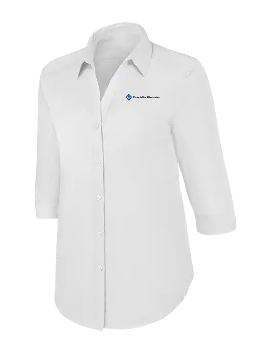 Womens White 3/4 Sleeve Carefree Poplin Shirt w/Franklin Electric Logo