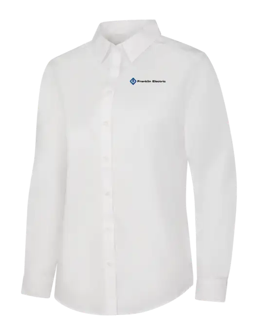 Womens White Long Sleeve Carefree Poplin Shirt w/Franklin Electric Logo