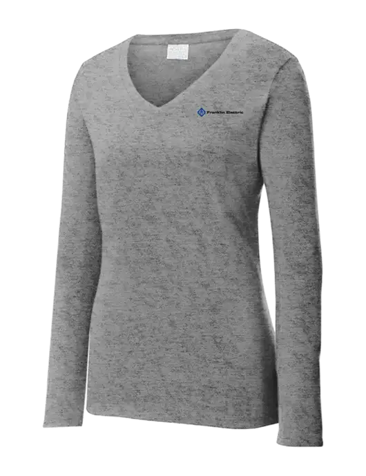 Womens  V-Neck Ring Spun Grey Heather 4.5 oz Long Sleeve T-Shirt w/Franklin Electric Logo