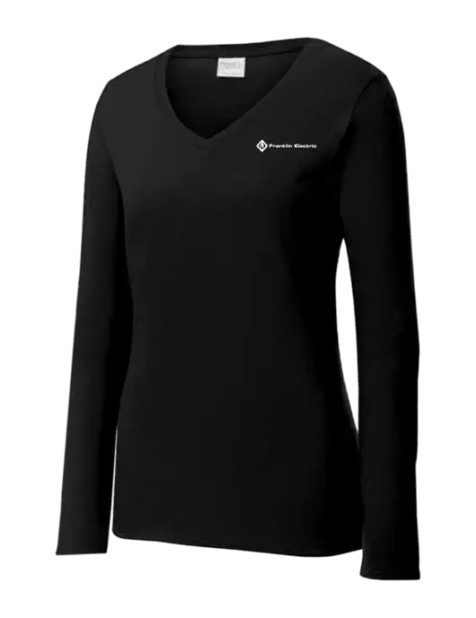 Womens V-Neck Ring Spun Jet Black 4.5 oz Long Sleeve T-Shirt w/Franklin Electric Logo