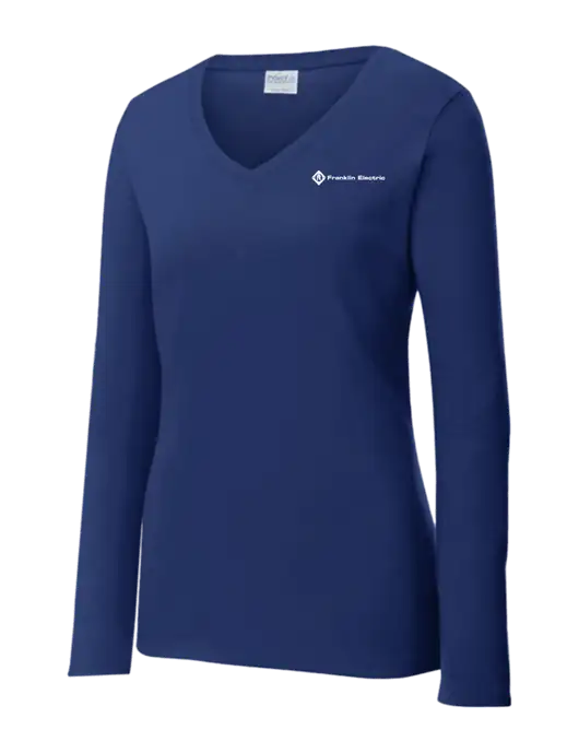 Womens  V-Neck Ring Spun Navy 4.5 oz Long Sleeve T-Shirt w/Franklin Electric Logo