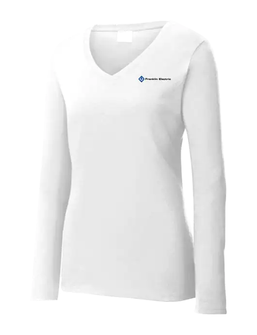 Womens  V-Neck Ring Spun White 4.5 oz Long Sleeve T-Shirt w/Franklin Electric Logo