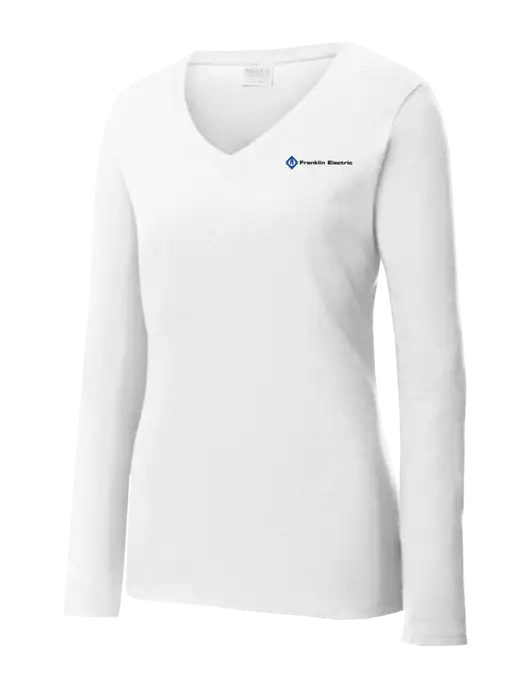 Womens  V-Neck Ring Spun White 4.5 oz Long Sleeve T-Shirt w/Franklin Electric Logo