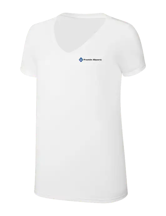 Womens Simply Soft V-Neck White 4.5oz  Poly/Combed Ring Spun Cotton T-Shirt w/Franklin Electric Logo