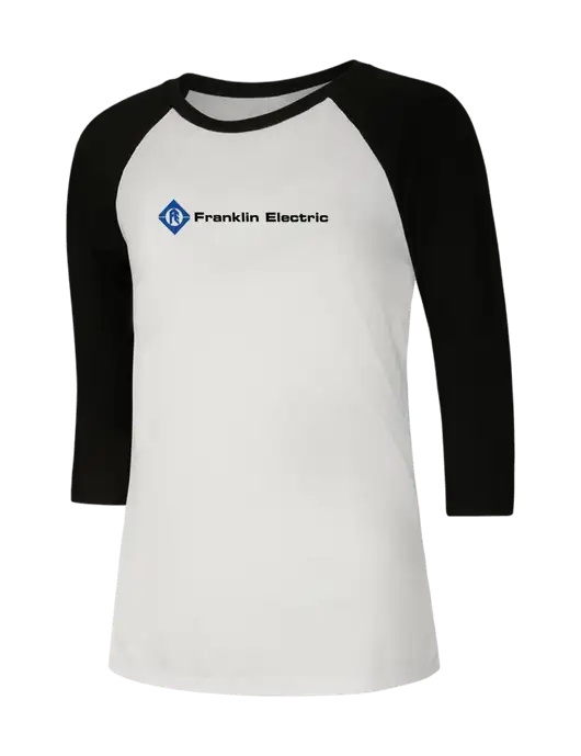 Womens Simply Soft 3/4 Sleeve Black/White Ring Spun Cotton T-Shirt w/Franklin Electric Logo