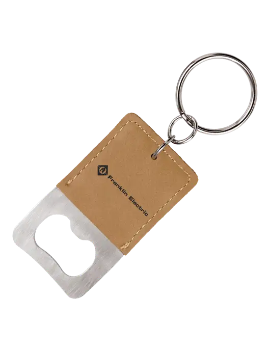 Tan Leatherette Rectangle Bottle Opener Keychain w/Franklin Electric Logo