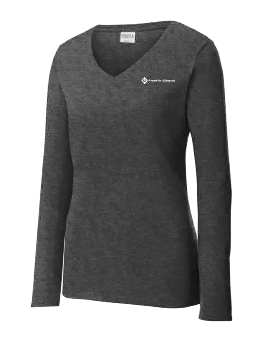 Womens  V-Neck Ring Spun Dark Heather Grey 4.5 oz Long Sleeve T-Shirt w/Franklin Electric Logo