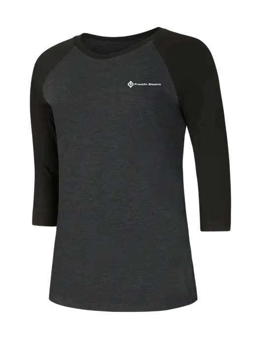 Womens Simply Soft 3/4 Sleeve Black/Black Frost Ring Spun Cotton T-Shirt w/Franklin Electric Logo