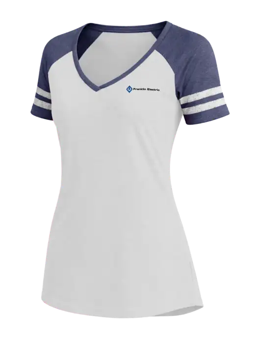 Womens White/Navy Heather V-Neck Game Tee w/Franklin Electric Logo