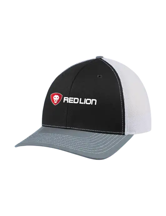 Richardson Adjustable Snapback Original 112 Trucker Cap Black/Light Heather Grey/White Mesh w/Red Lion Logo